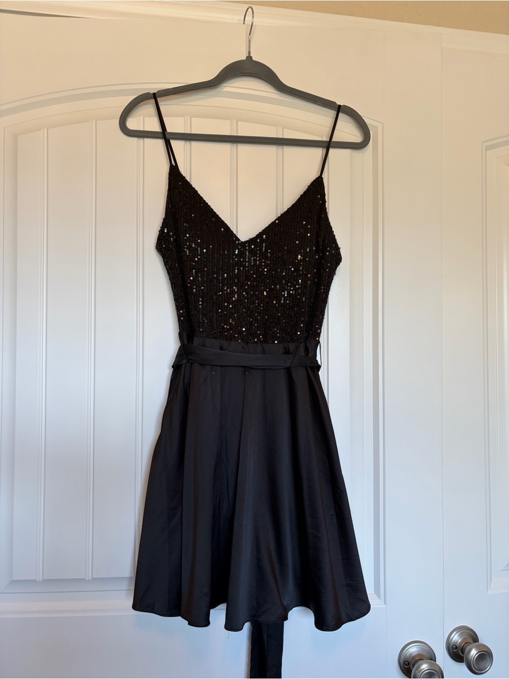 Black Sequin Bodice Spaghetti Strap Dress